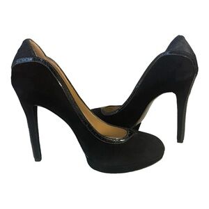 Brian Atwood Vero Cuoio Platform Stiletto Pumps Black Suede Calf Skin Fur Heel